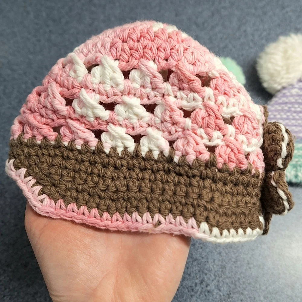 406 Yarn Creations Crocheted Cap & Two Pom Pom knit Hats 3-6 Months, NWOT